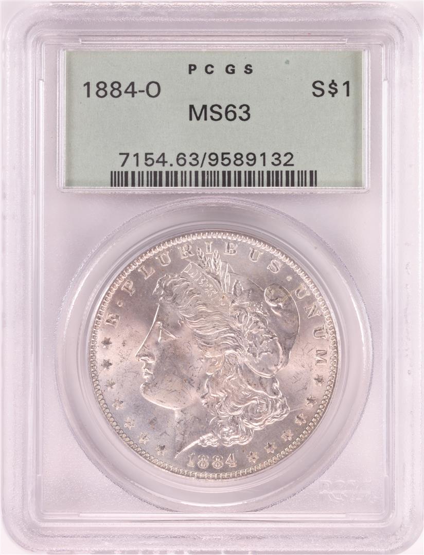 1884-O $1 Morgan Silver Dollar Coin PCGS MS63 Old Green: One 1884-O $1 Morgan Silver Dollar Coin PCGS MS63 Old Green Holder. PCGS Graded.
