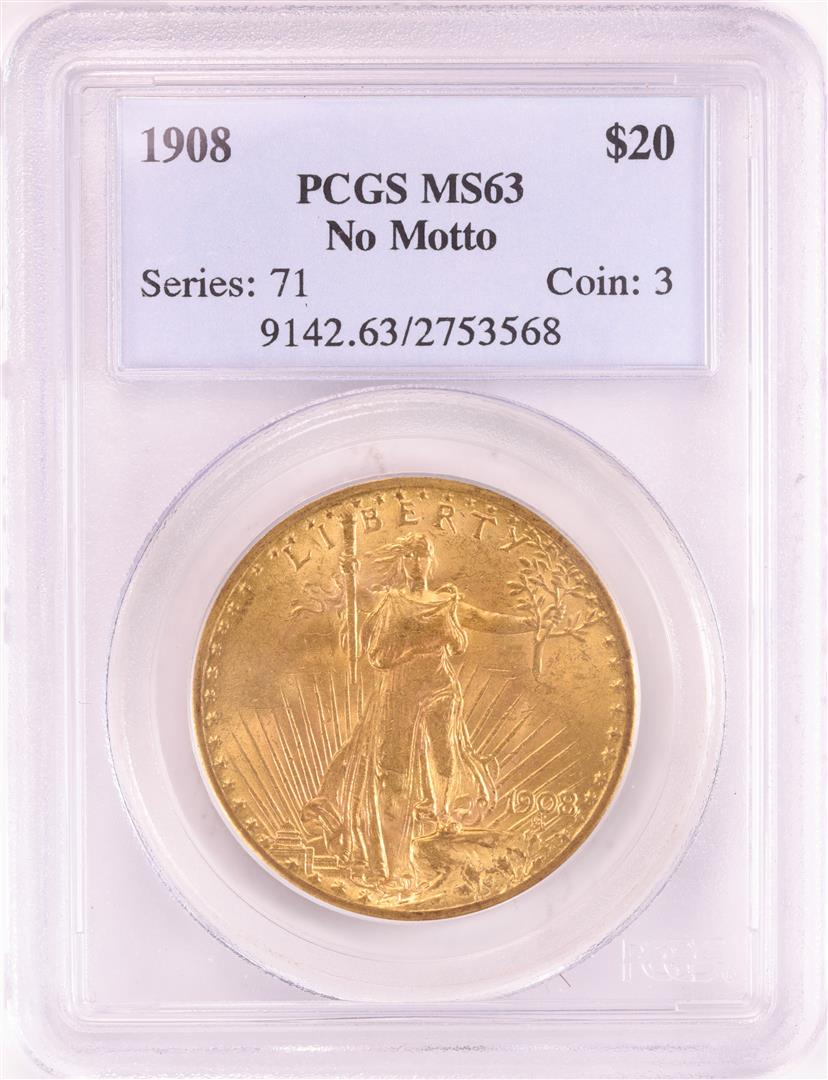 1908 No Motto $20 St. Gaudens Double Eagle Gold Coin: One 1908 No Motto $20 St. Gaudens Double Eagle Gold Coin PCGS MS63. PCGS Graded.