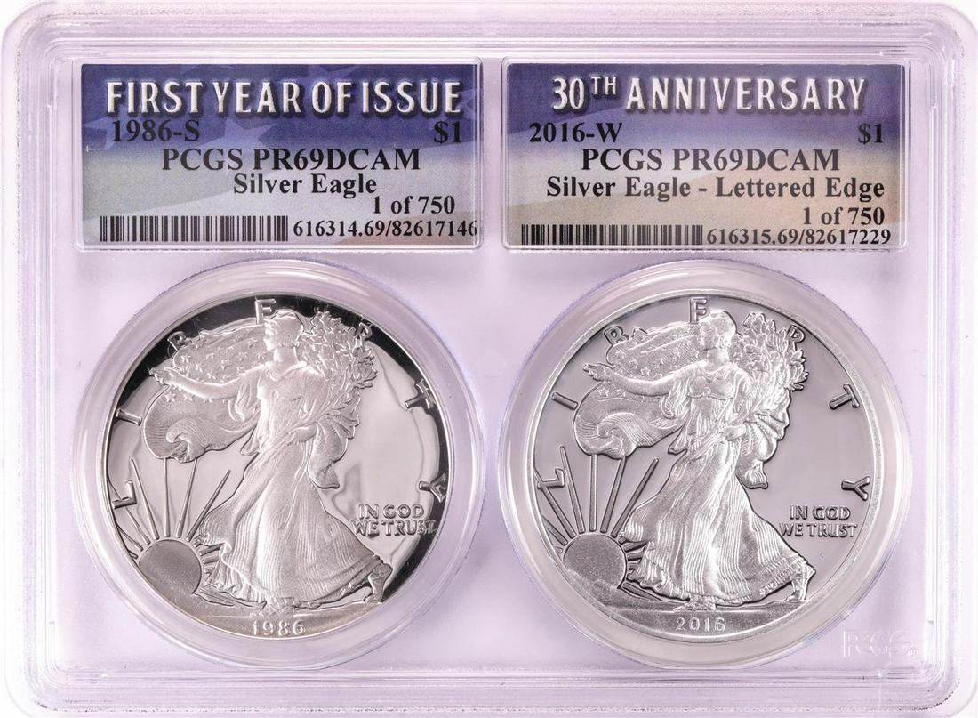 1986-S & 2016-W $1 Proof American Silver Eagle Coin Set: One 1986-S & 2016-W $1 Proof American Silver Eagle Coin Set PCGS PR69DCAM. PCGS Graded.