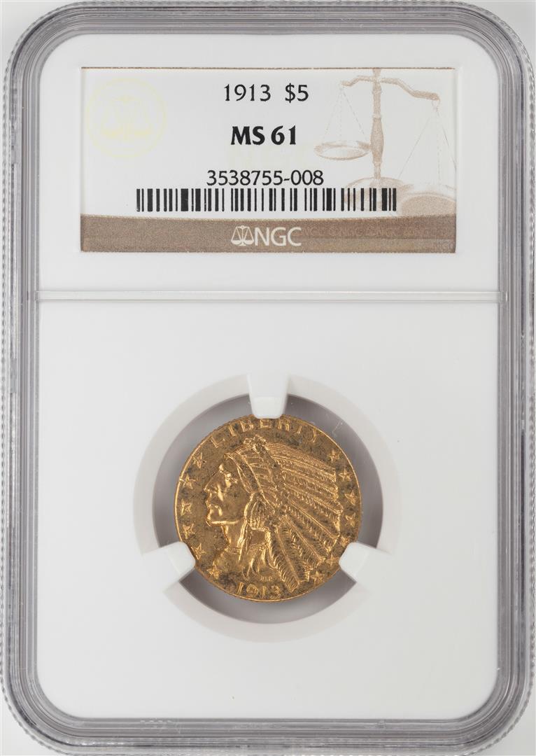 1913 $5 Indian Head Half Eagle Gold Coin NGC MS61: One 1913 $5 Indian Head Half Eagle Gold Coin NGC MS61. NGC Certified.