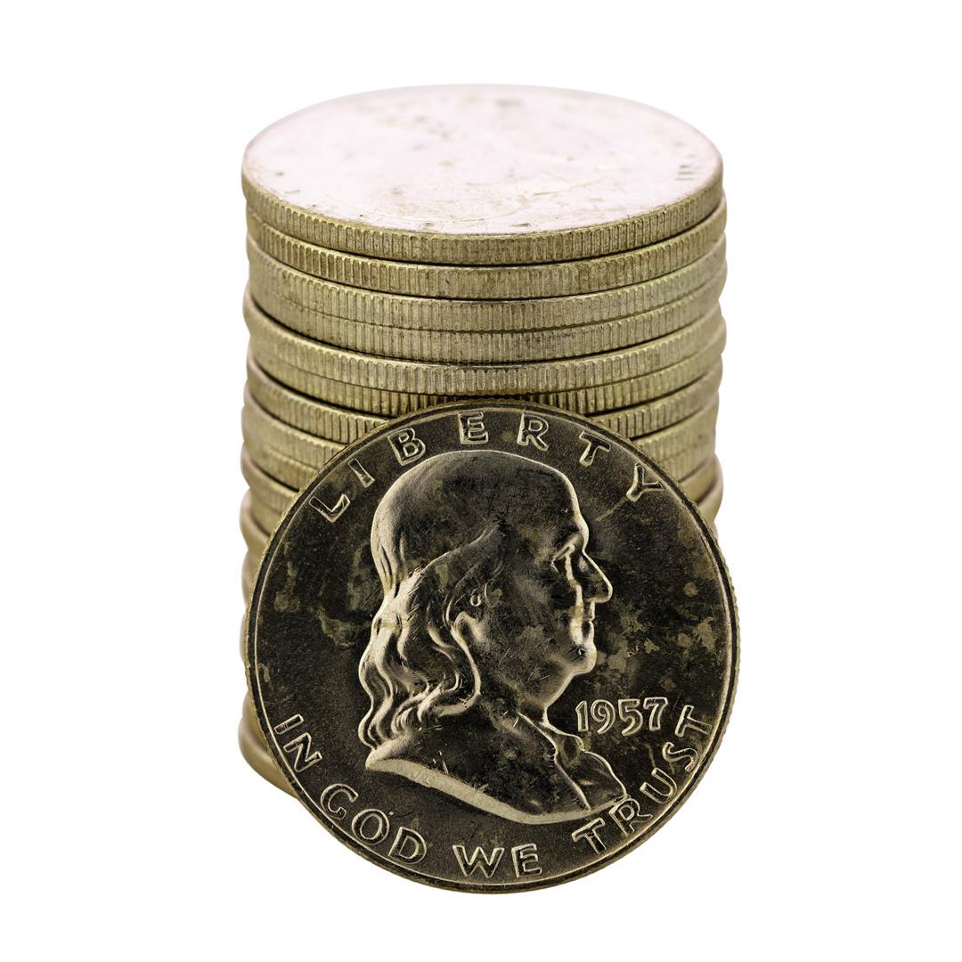 Roll of (20) Brilliant Uncirculated 1957-D Franklin: One Roll of (20) Brilliant Uncirculated 1957-D Franklin Half Dollar Coins.