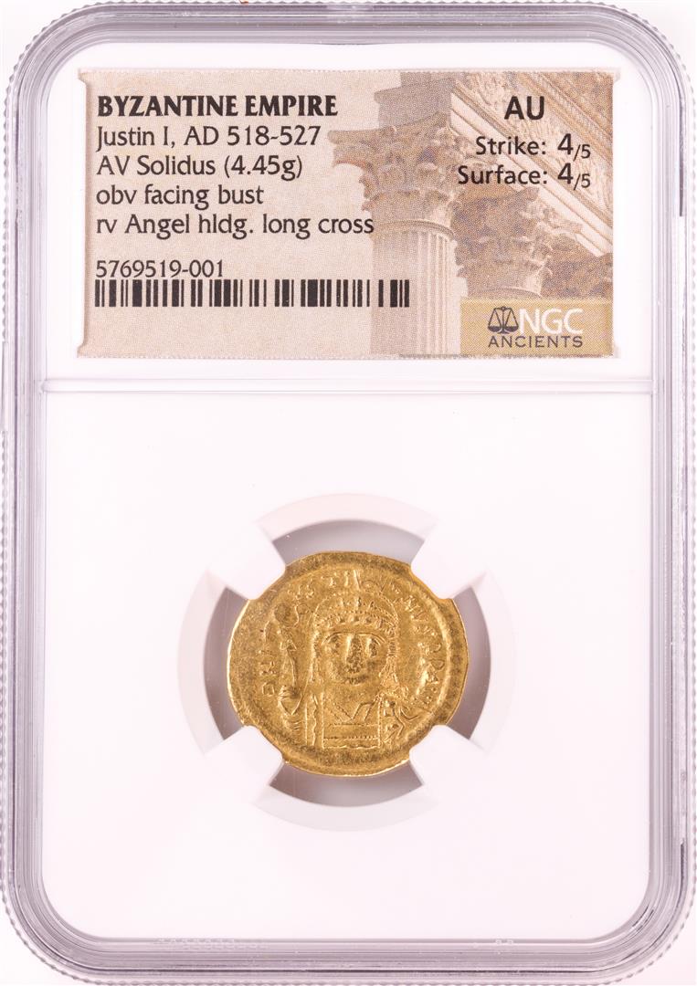 Justin I, 518-527 AD Byzantine Empire Solidus Gold Coin: One Justin I, 518-527 AD Byzantine Empire Solidus Gold Coin NGC AU. NGC Certified.