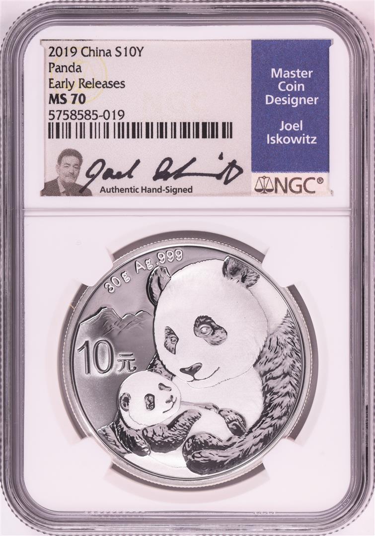 2019 China 10 Yuan Panda Silver Coin NGC MS70 Early: One 2019 China 10 Yuan Panda Silver Coin NGC MS70 Early Releases Joel Iskowitz Signature. NGC Certified.