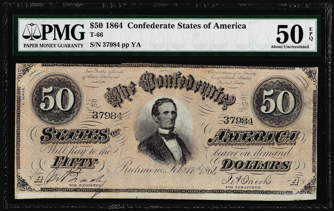 1864 $50 Confederate States of America Note T-66 PMG: One 1864 $50 Confederate States of America Note T-66 PMG About Uncirculated 50EPQ. PMG Certified.