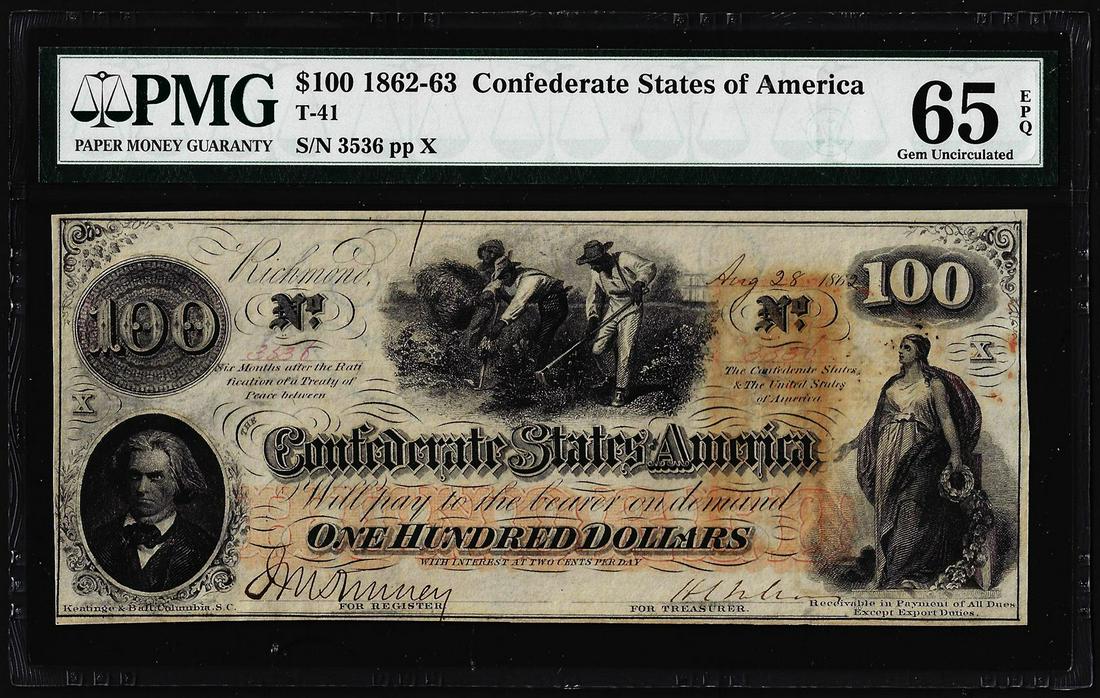 1862 $100 Confederate States of America Note T-41 PMG: One 1862 $100 Confederate States of America Note T-41 PMG Gem Uncirculated 65EPQ. PMG Certified.