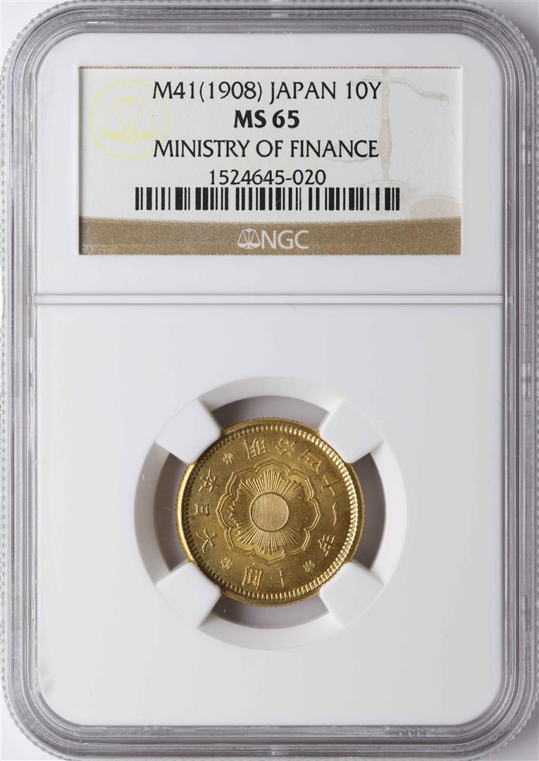 1908 M41 Japan 10 Yen Ministry of Finance Gold Coin NGC: One 1908 M41 Japan 10 Yen Ministry of Finance Gold Coin NGC MS65. NGC Certified.