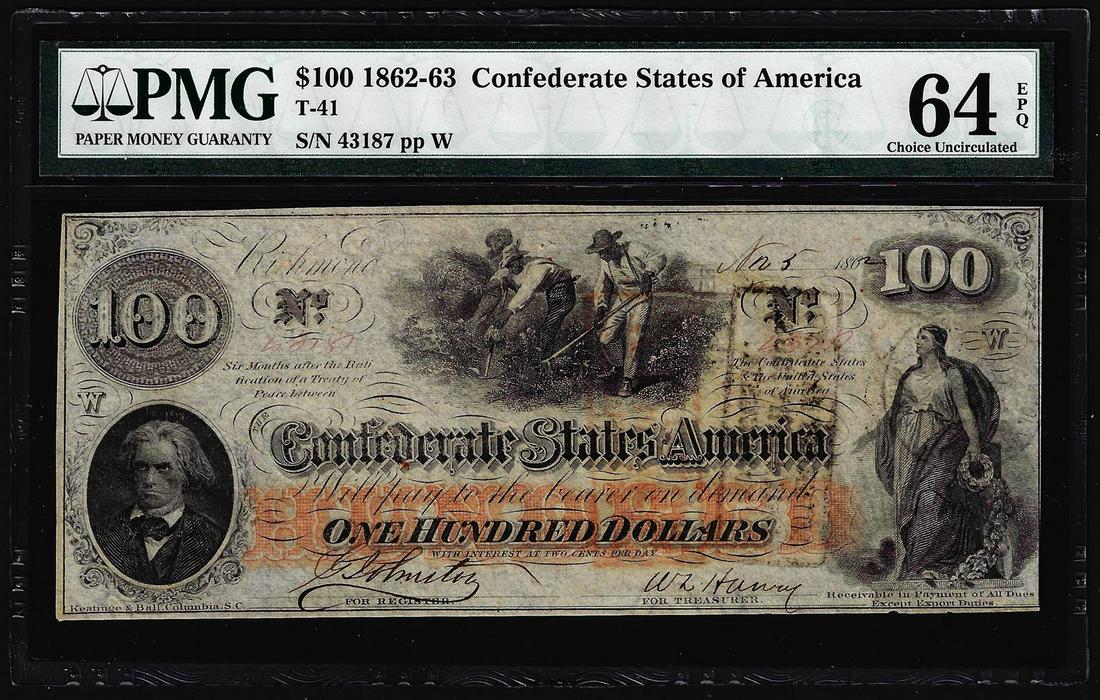 1862 $100 Confederate States of America Note T-41 PMG: One 1862 $100 Confederate States of America Note T-41 PMG Choice Uncirculated 64EPQ. PMG Certified.