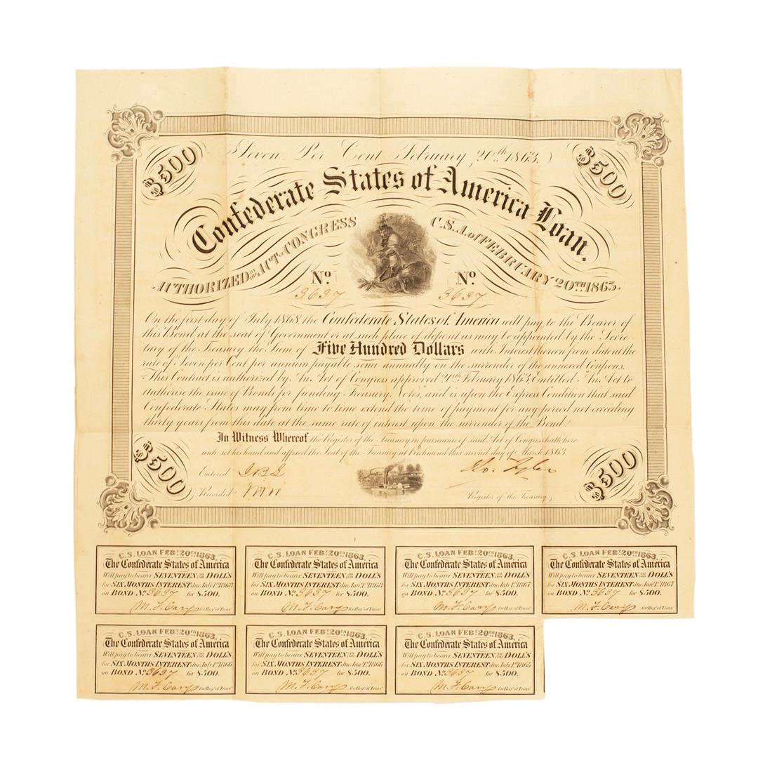 February 20, 1863 $500 Confederate States of America: One February 20, 1863 $500 Confederate States of America Bond.