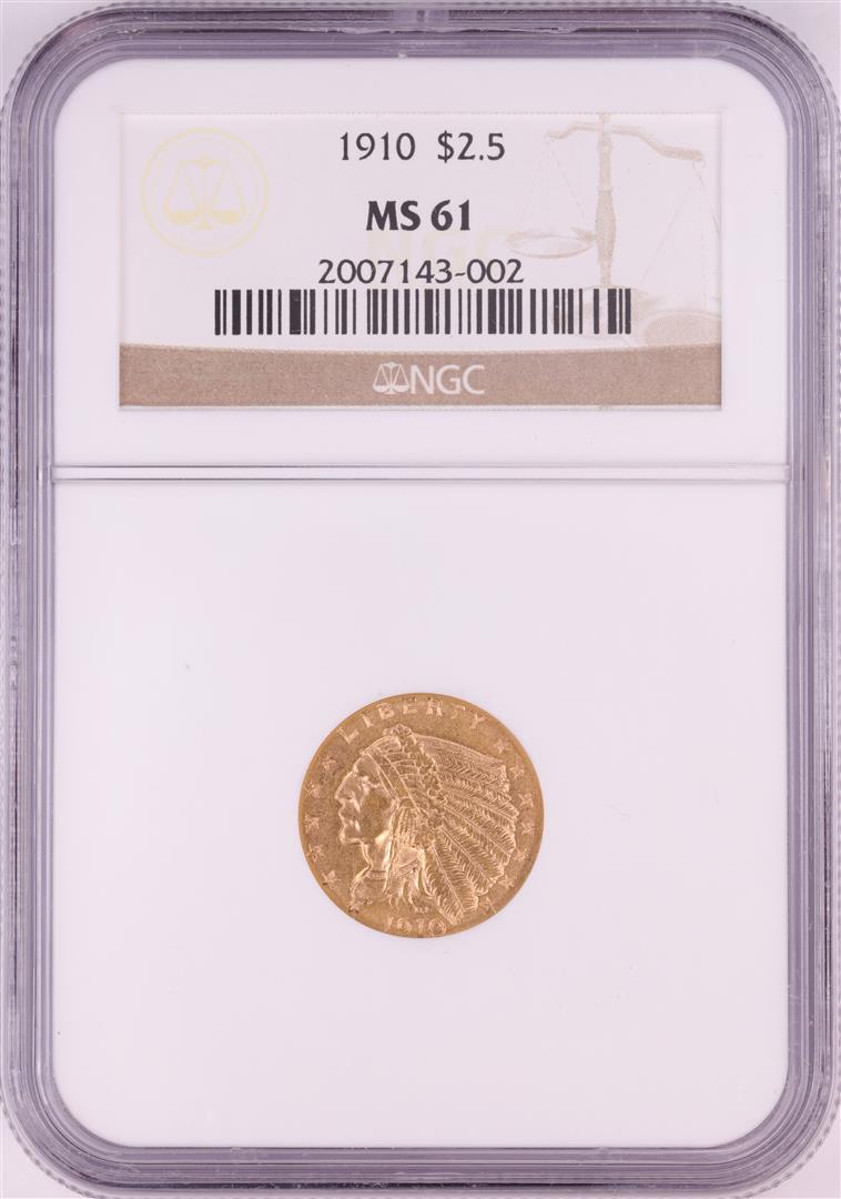 1910 $2 1/2 Indian Head Quarter Eagle Gold Coin NGC: One 1910 $2 1/2 Indian Head Quarter Eagle Gold Coin NGC MS61. NGC Certified.
