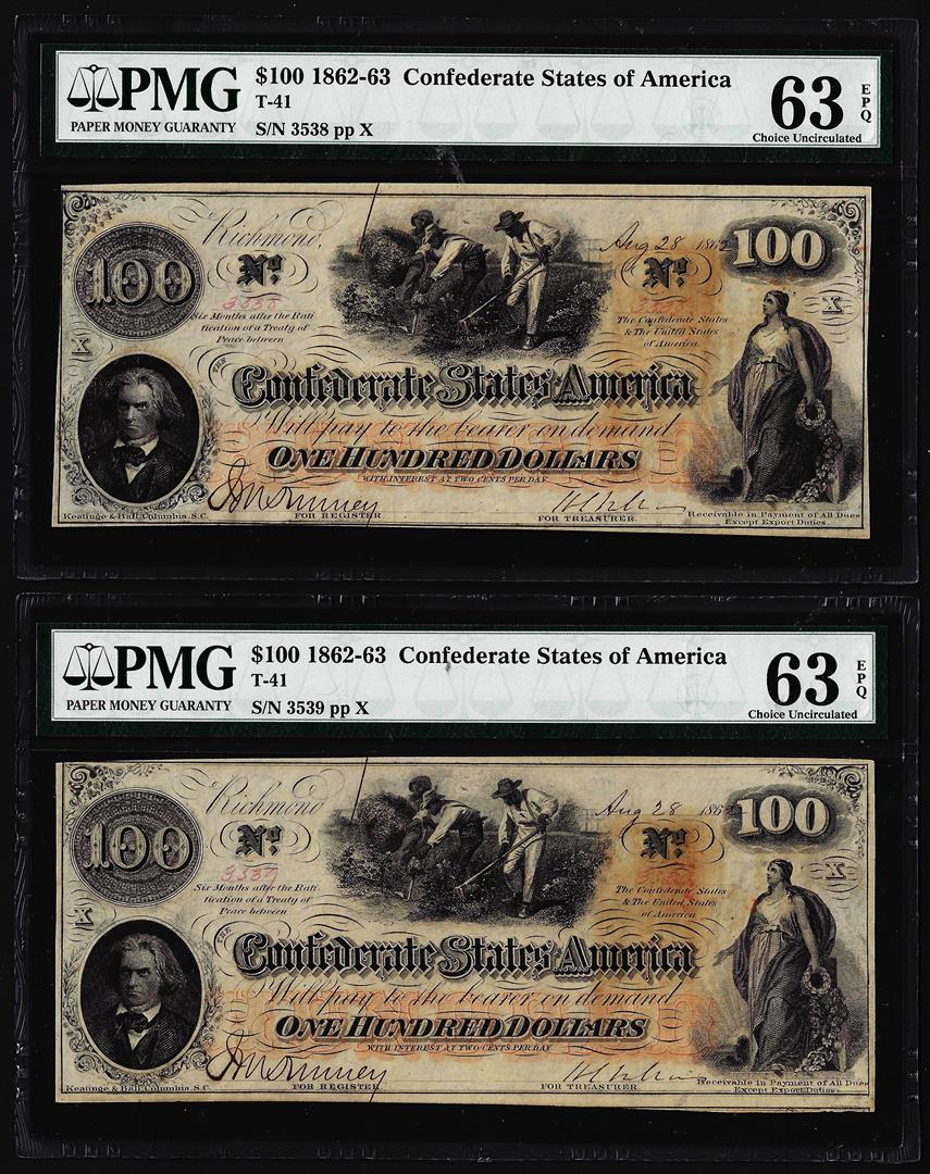 (2) Consecutive 1862 $100 Confederate States of America: One (2) Consecutive 1862 $100 Confederate States of America Notes PMG Ch. Uncirculated 63EPQ. PMG Certified.