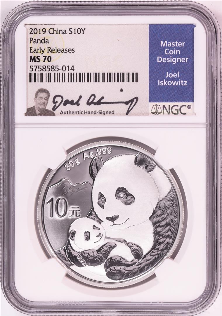 2019 China 10 Yuan Panda Silver Coin NGC MS70 Early: One 2019 China 10 Yuan Panda Silver Coin NGC MS70 Early Releases Joel Iskowitz Signature. NGC Certified.