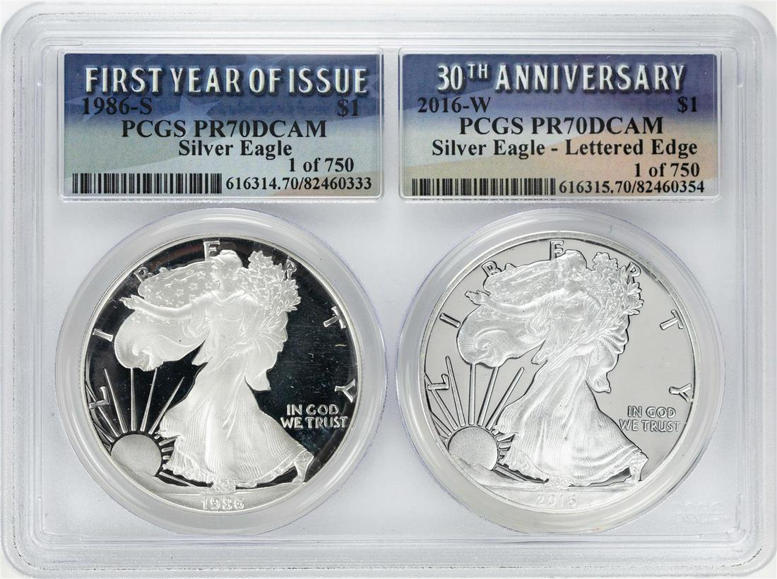 1986-S & 2016-W $1 Proof American Silver Eagle Coin Set: One 1986-S & 2016-W $1 Proof American Silver Eagle Coin Set PCGS PR70DCAM. PCGS Graded.