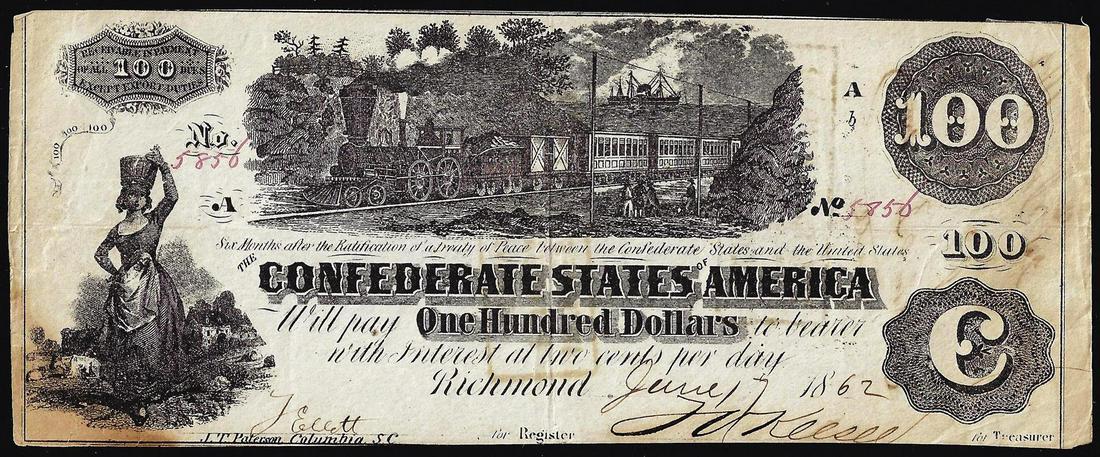 1862 $100 Confederate States of America Note: One 1862 $100 Confederate States of America Note.
