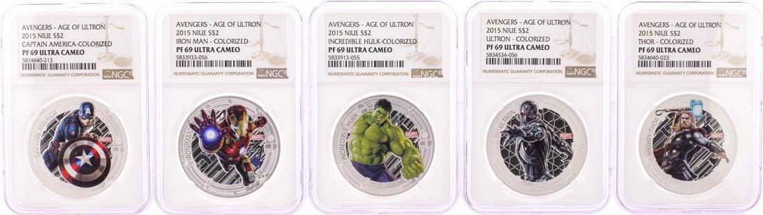 Set of 2015 Niue $2 Proof Avengers Age of Ultron Silver: One Set of 2015 Niue $2 Proof Avengers Age of Ultron Silver Coins NGC PF69 Ultra Cameo. NGC Certified.