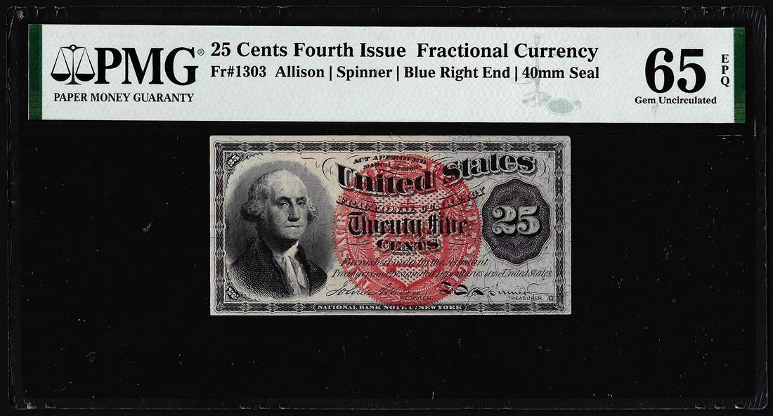 1863 25 Cents Fourth Issue Fractional Note Fr.1303 PMG: One 1863 25 Cents Fourth Issue Fractional Note Fr.1303 PMG Gem Uncirculated 65EPQ. PMG Certified.