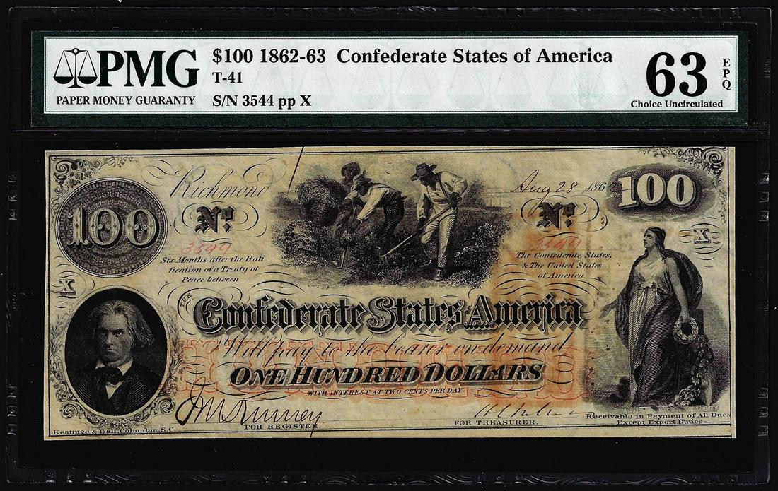 1862 $100 Confederate States of America Note T-41 PMG: One 1862 $100 Confederate States of America Note T-41 PMG Choice Uncirculated 63EPQ. PMG Certified.