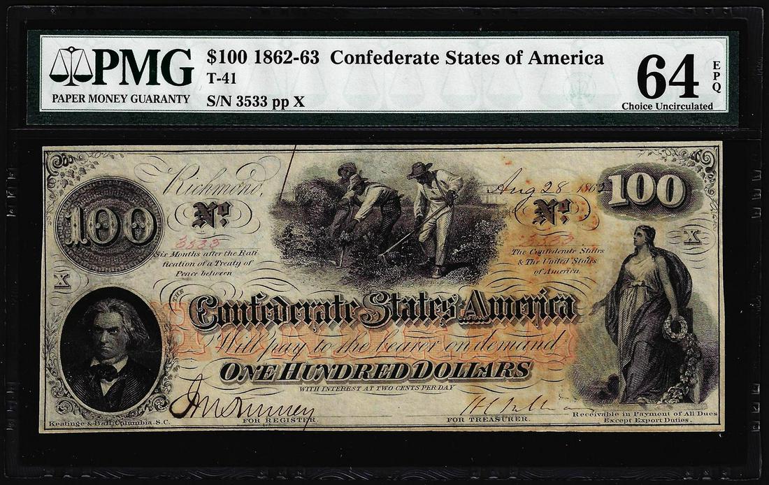 1862 $100 Confederate States of America Note T-41 PMG: One 1862 $100 Confederate States of America Note T-41 PMG Choice Uncirculated 64EPQ. PMG Certified.