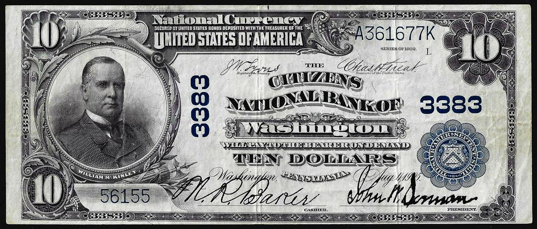 1902 PB $10 Citizens NB of Washington, Pennsylvania CH#: One 1902 PB $10 Citizens NB of Washington, Pennsylvania CH# 3383 National Currency Note.