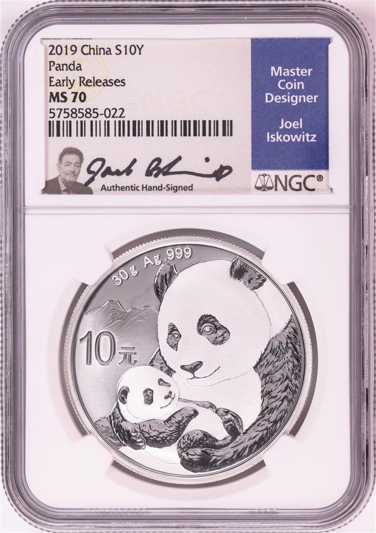 2019 China 10 Yuan Panda Silver Coin NGC MS70 Early: One 2019 China 10 Yuan Panda Silver Coin NGC MS70 Early Releases Joel Iskowitz Signature. NGC Certified.