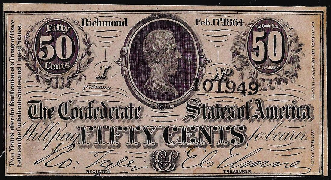 1864 50 Cents Confederate States of America Note: One 1864 50 Cents Confederate States of America Note.