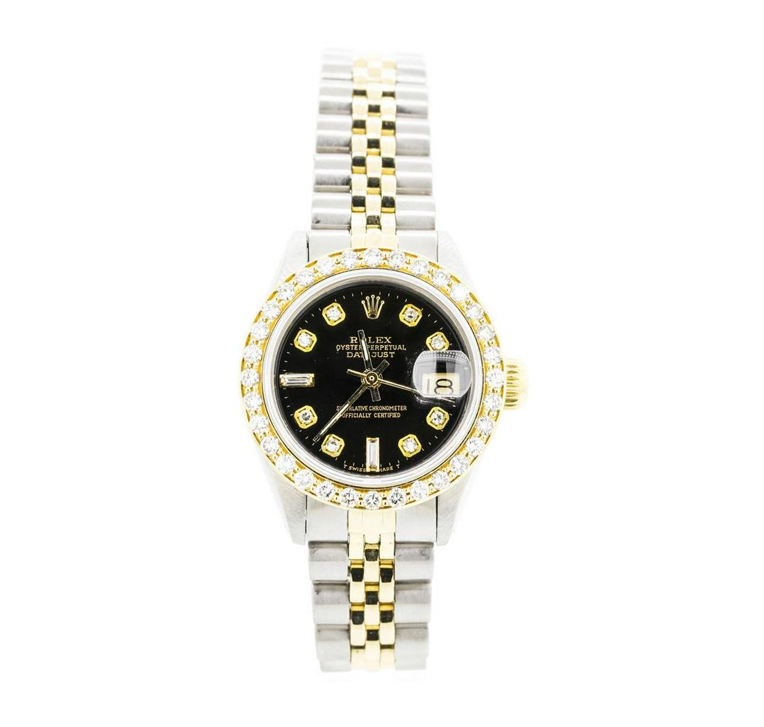 Ladies Rolex Two-Tone Oyster Perpetual Datejust: One Ladies, hand crafted and machine milled Rolex Oyster perpetual datejust wrist watch two-tone, Serial#: 6279769, Crown: screw-down, Bezel: custom 18KT yellow gold diamond set, Crystal: sapphire, Mo