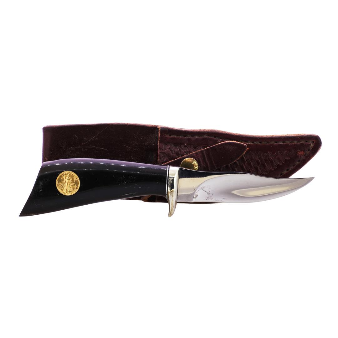 H. Grace Marker Knife with 1/10 oz American Gold Eagle: One H. Grace Marker Knife with 1/10 oz American Gold Eagle Coin in handle. The approximated dimensions of the knife are as follows: The handle is approximately 1 1/4" wide by 4" long, the blade is app