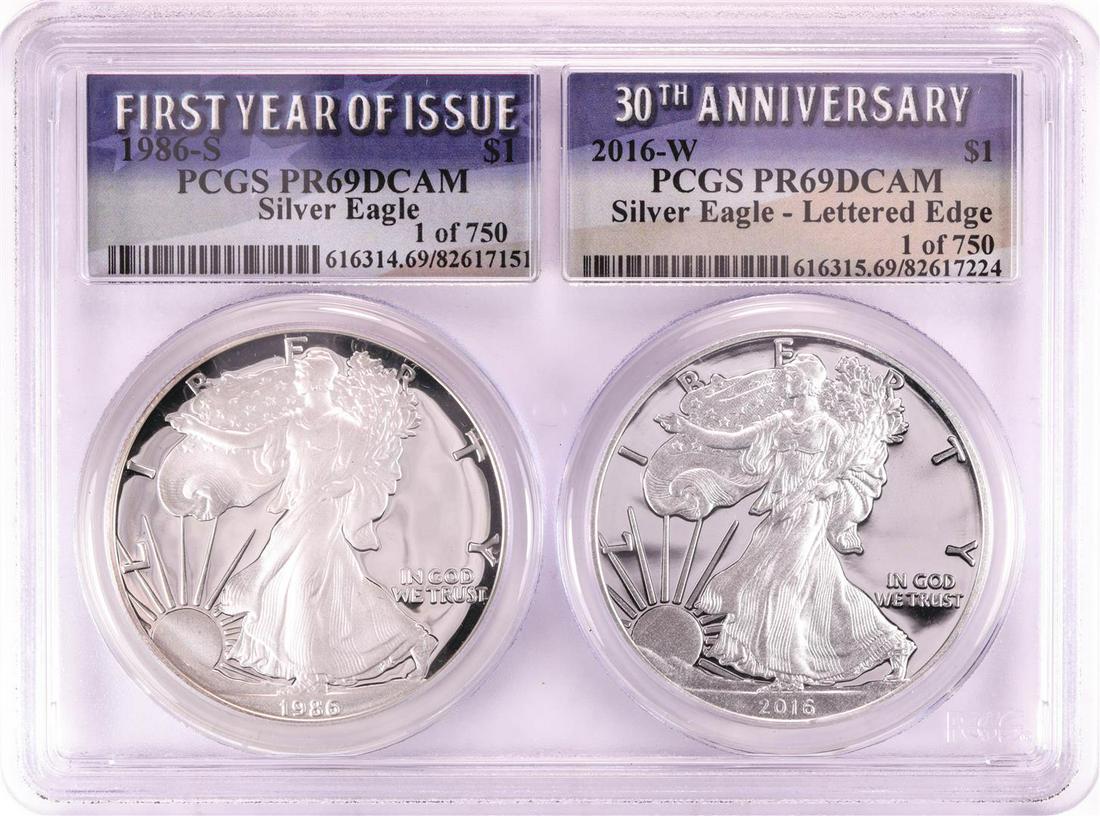 1986-S & 2016-W $1 Proof American Silver Eagle Coin Set: One 1986-S & 2016-W $1 Proof American Silver Eagle Coin Set PCGS PR69DCAM. PCGS Graded.