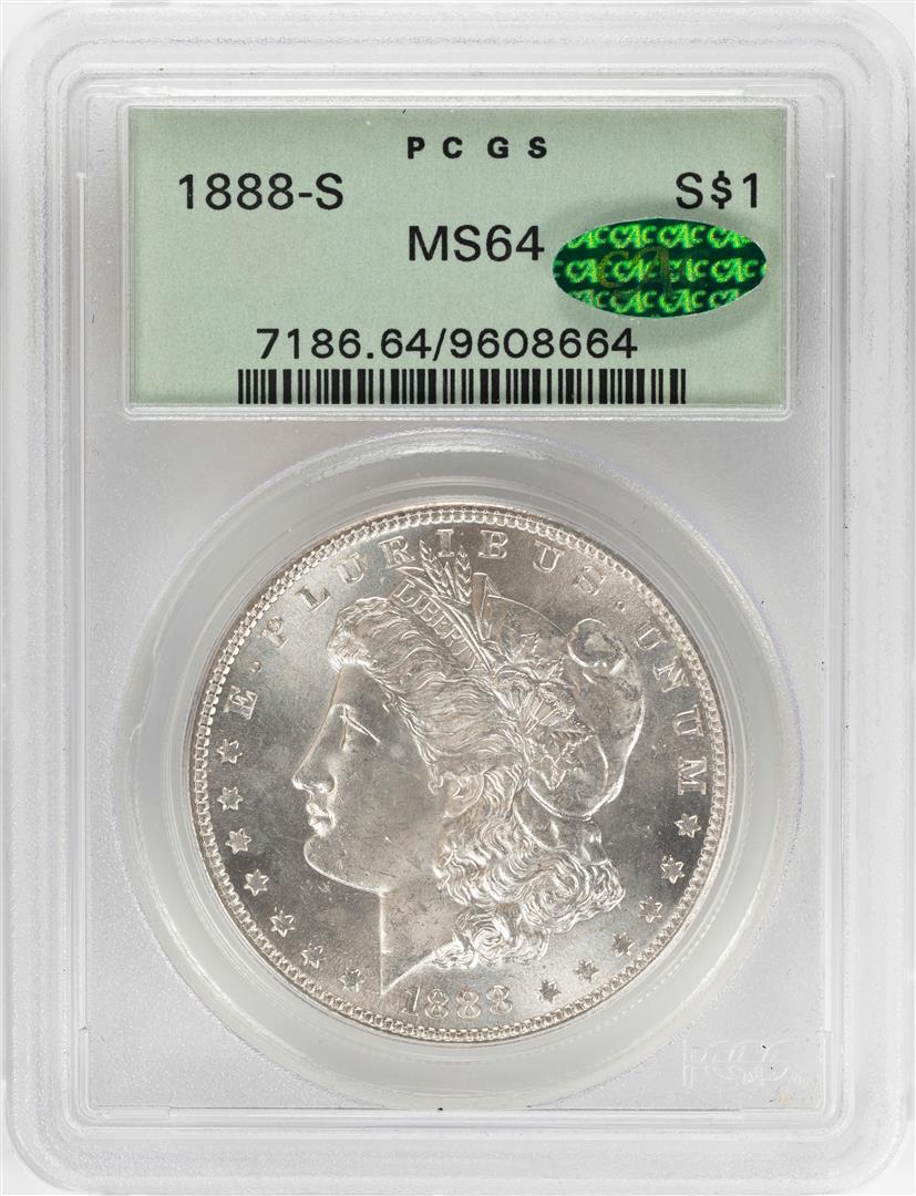 1888-S $1 Morgan Silver Dollar Coin PCGS MS64 CAC OGH: One 1888-S $1 Morgan Silver Dollar Coin PCGS MS64 CAC OGH. PCGS Graded.
