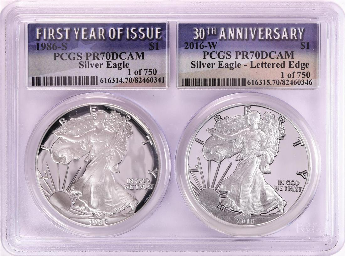 1986-S & 2016-W $1 Proof American Silver Eagle Coin Set: One 1986-S & 2016-W $1 Proof American Silver Eagle Coin Set PCGS PR70DCAM. PCGS Graded.