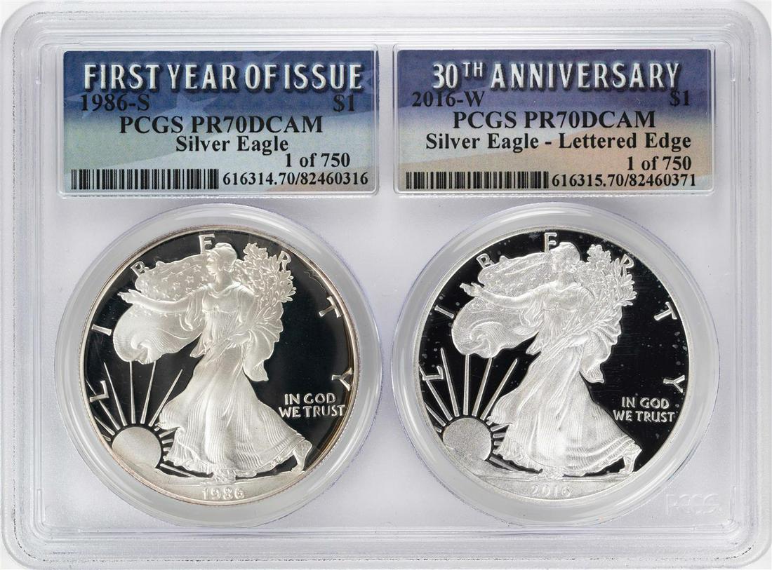 1986-S & 2016-W $1 Proof American Silver Eagle Coin Set: One 1986-S & 2016-W $1 Proof American Silver Eagle Coin Set PCGS PR70DCAM. PCGS Graded.