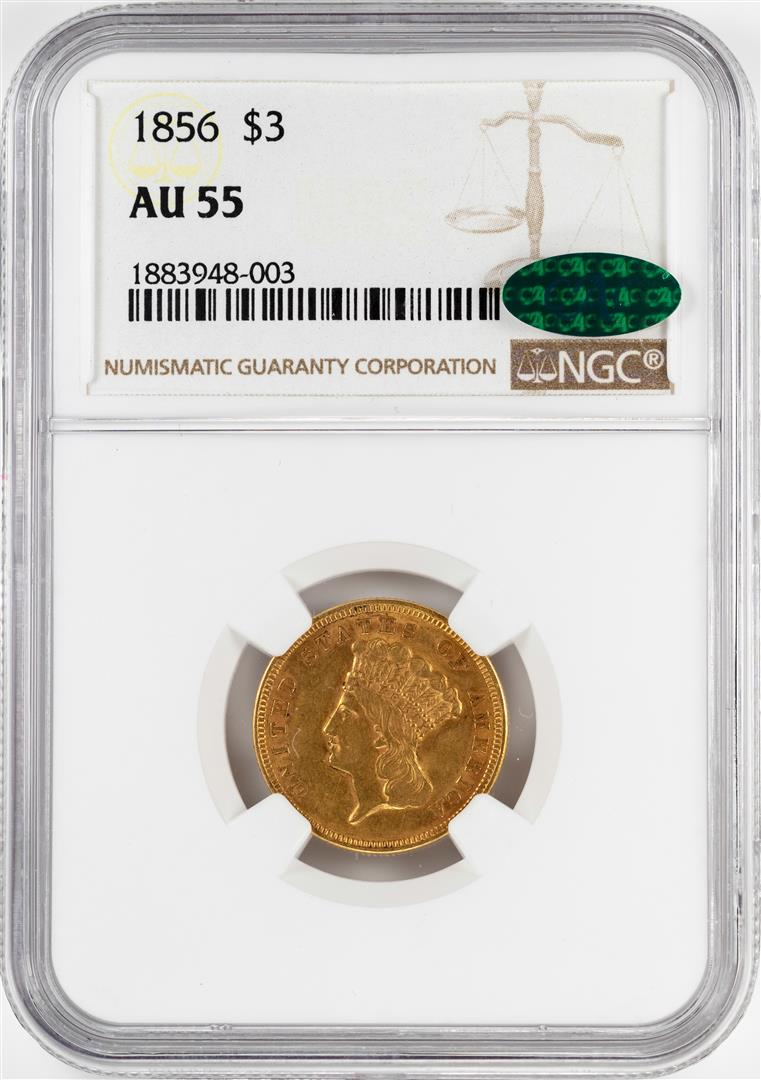 1856 $3 Indian Princess Head Gold Coin NGC AU55 CAC: One 1856 $3 Indian Princess Head Gold Coin NGC AU55 CAC. NGC Certified.