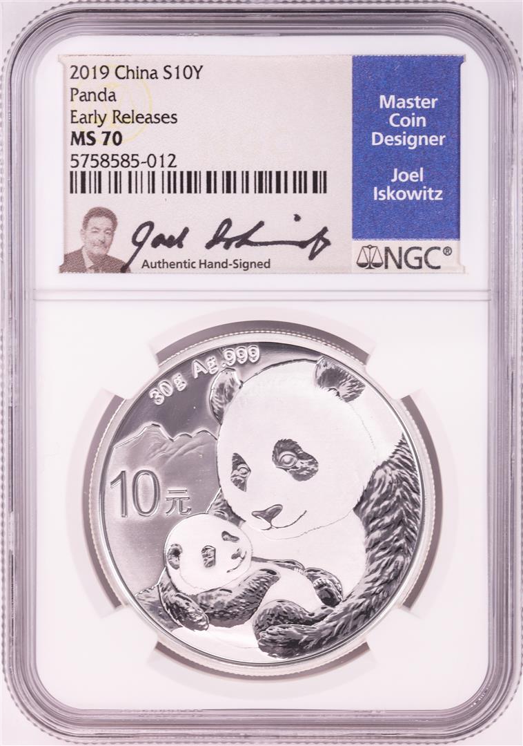 2019 China 10 Yuan Panda Silver Coin NGC MS70 Early: One 2019 China 10 Yuan Panda Silver Coin NGC MS70 Early Releases Joel Iskowitz Signature. NGC Certified.