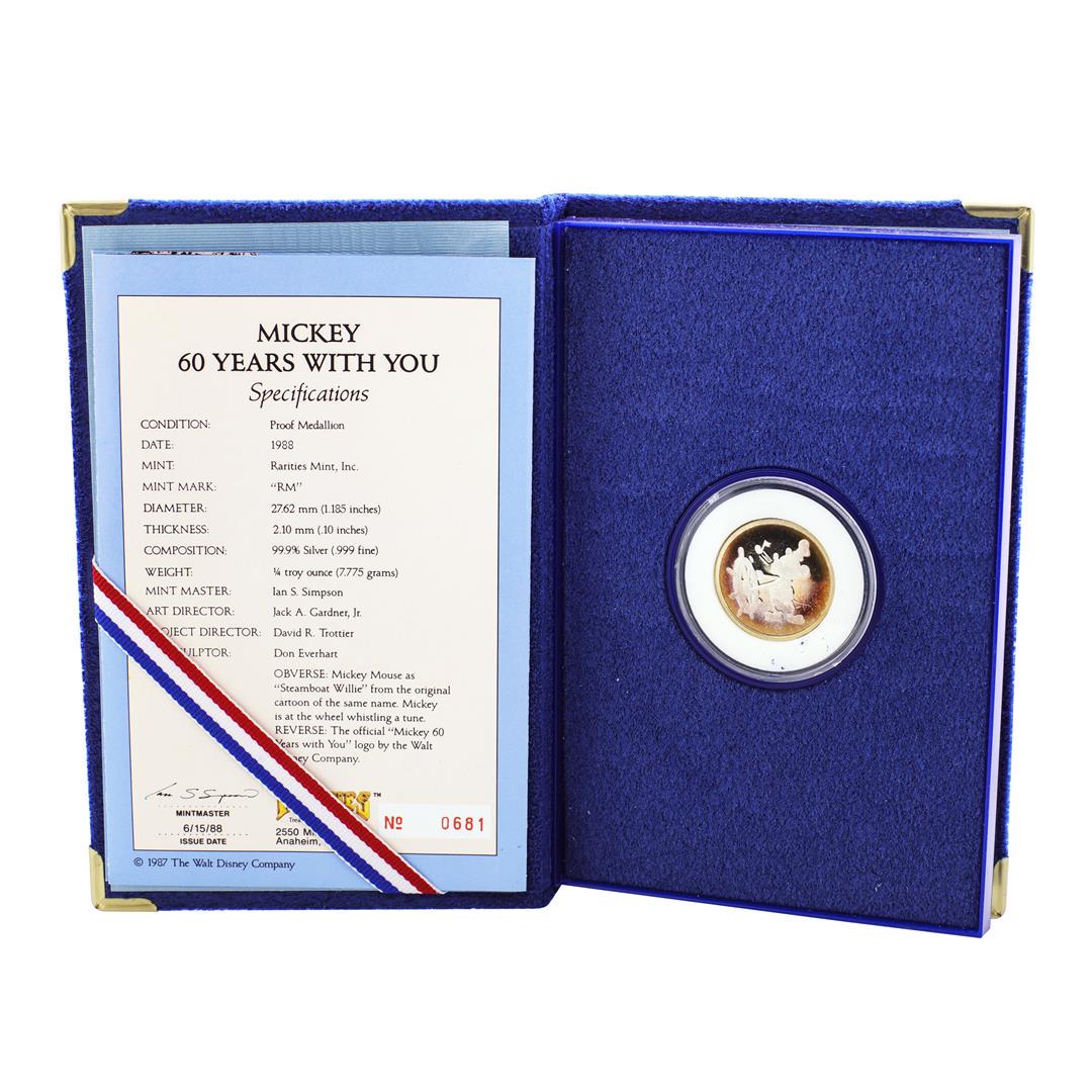 1988 Rarities Mint Mickey Steamboat Willie 1/4 oz. Fine: One 1988 Rarities Mint Mickey Steamboat Willie 1/4 oz. Fine Silver Round w/Box & COA.