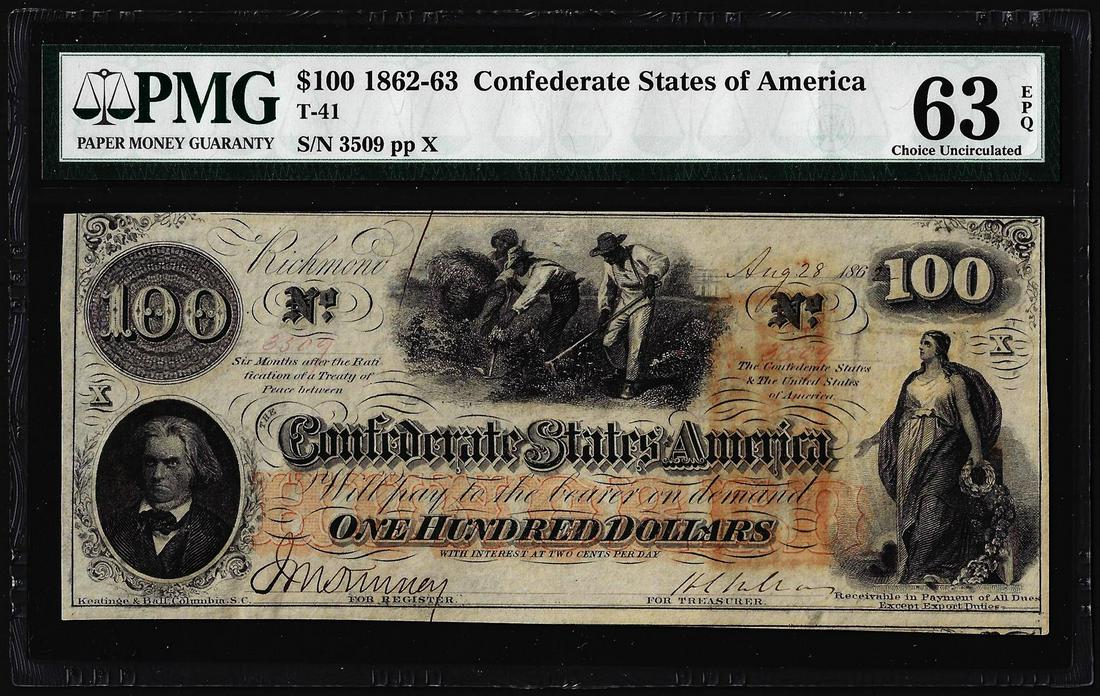 1862 $100 Confederate States of America Note T-41 PMG: One 1862 $100 Confederate States of America Note T-41 PMG Choice Uncirculated 63EPQ. PMG Certified.