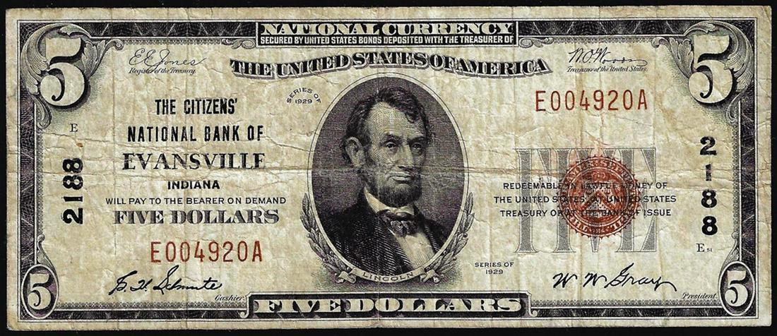 1929 $5 Citizens NB of Evansville, IN CH# 2188 National: One 1929 $5 Citizens NB of Evansville, IN CH# 2188 National Currency Note.
