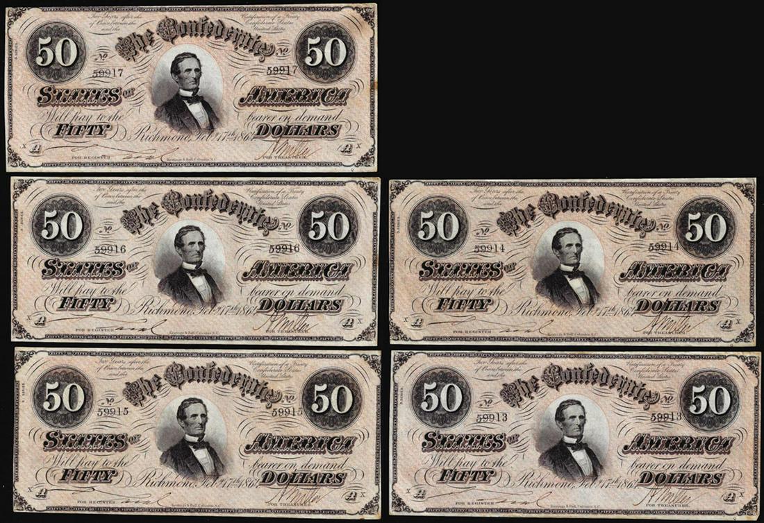 Lot of (5) Consecutive 1864 $50 Confederate States of: One Lot of (5) Consecutive 1864 $50 Confederate States of America Notes.