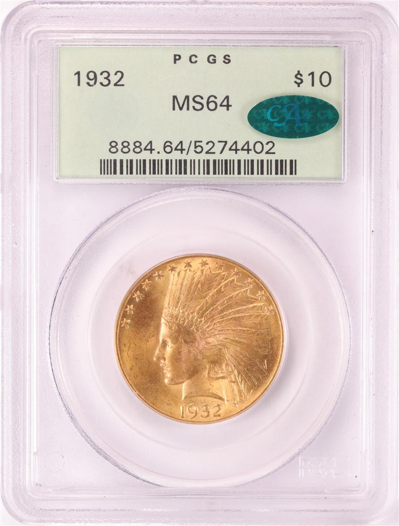 1932 $10 Indian Head Eagle Gold Coin PCGS MS64 CAC Old: One 1932 $10 Indian Head Eagle Gold Coin PCGS MS64 CAC Old Green Holder. PCGS Graded.