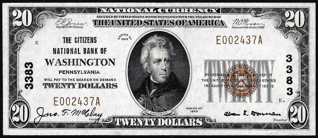 1929 $20 Citizens NB of Washington, Pennsylvania CH#: One 1929 $20 Citizens NB of Washington, Pennsylvania CH# 3383 National Currency Note.