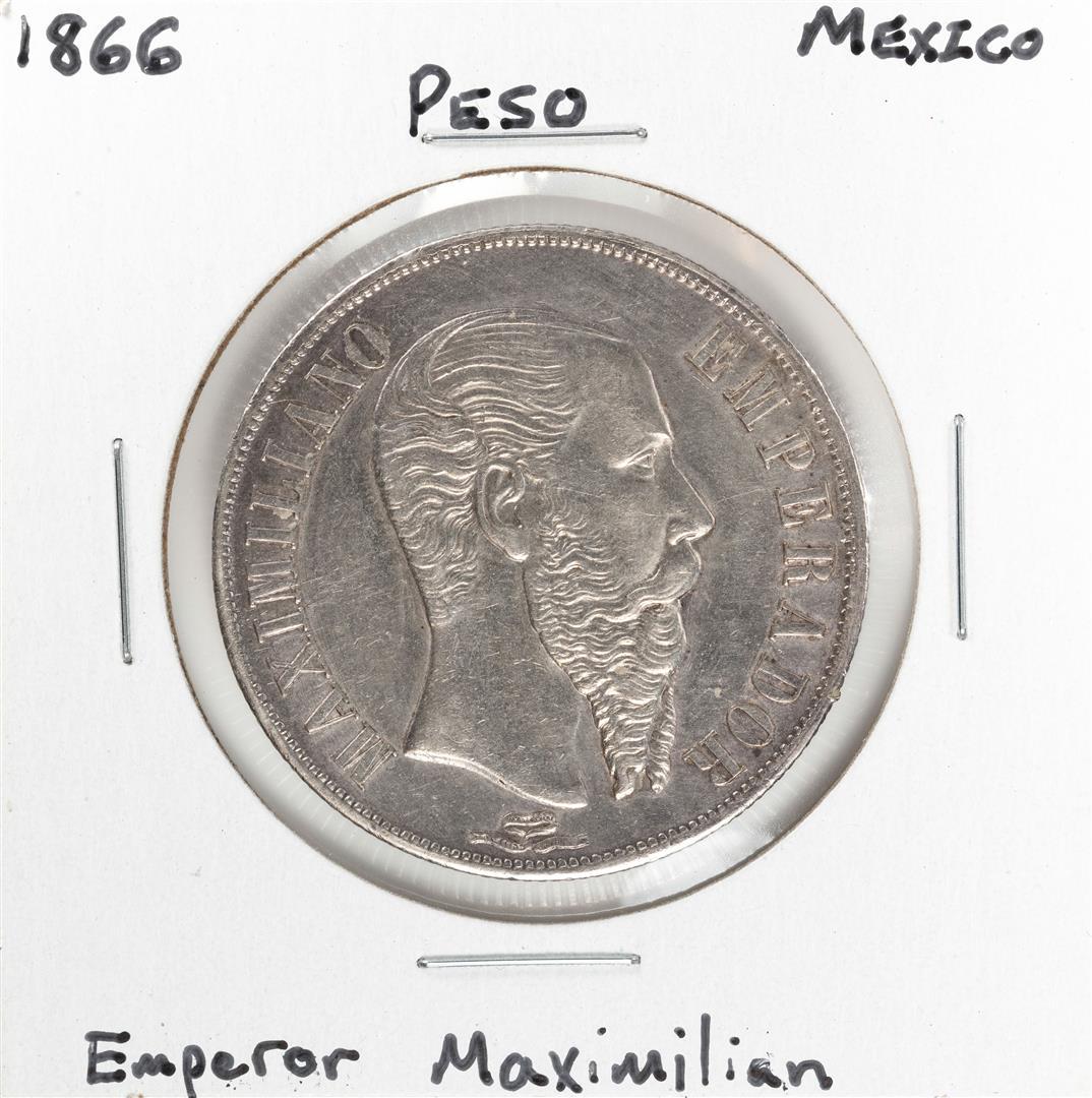 1866 Mexico Peso Emperor Maximilian Silver Coin: One 1866 Mexico Peso Emperor Maximilian Silver Coin.