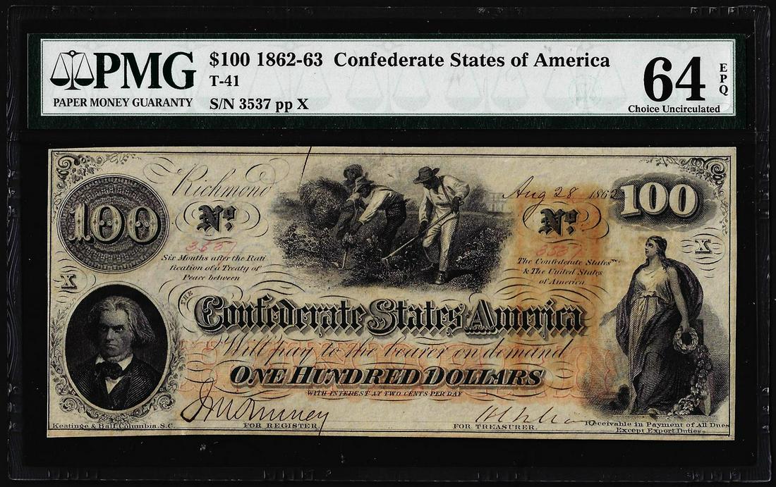1862 $100 Confederate States of America Note T-41 PMG: One 1862 $100 Confederate States of America Note T-41 PMG Choice Uncirculated 64EPQ. PMG Certified.