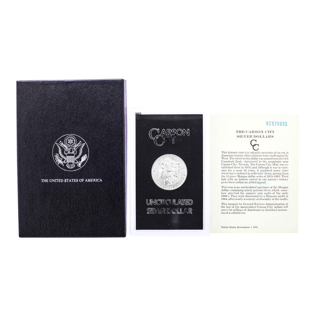 1882-CC $1 Morgan Silver Dollar Coin GSA Hoard: One 1882-CC $1 Morgan Silver Dollar Coin GSA Hoard Uncirculated in Original Box w/ COA.