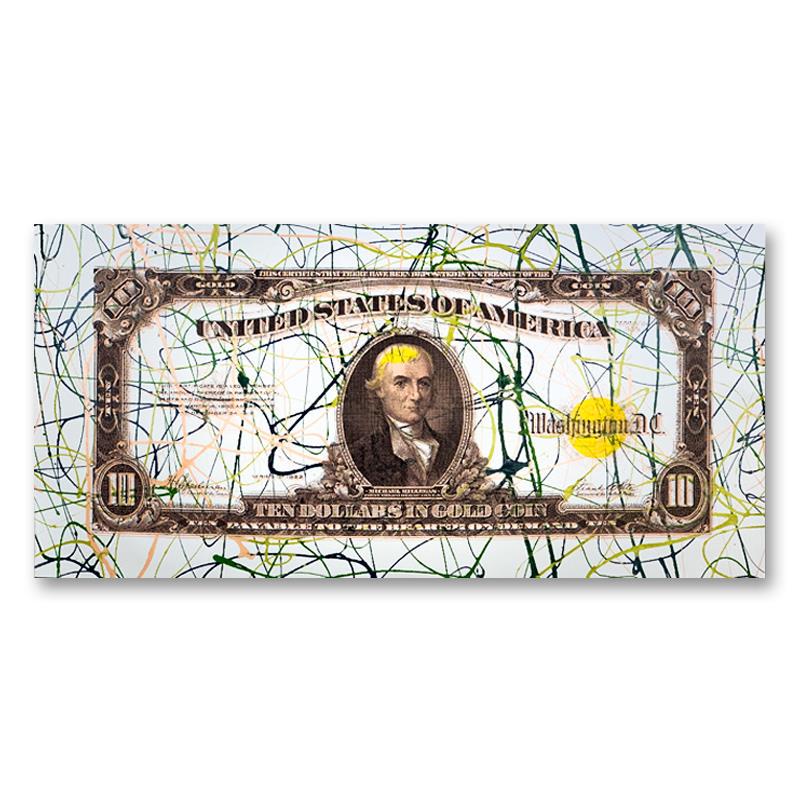 Steve Kaufman (1960-2010) "1922 Ten Dollar in Gold: "1922 Ten Dollar in Gold Bill" is a limited edition hand pulled silkscreen mixed media on canvas by Andy Warhol protege Steve Kaufman (1960-2010). This piece is numbered and AP 48/50 and hand signed i