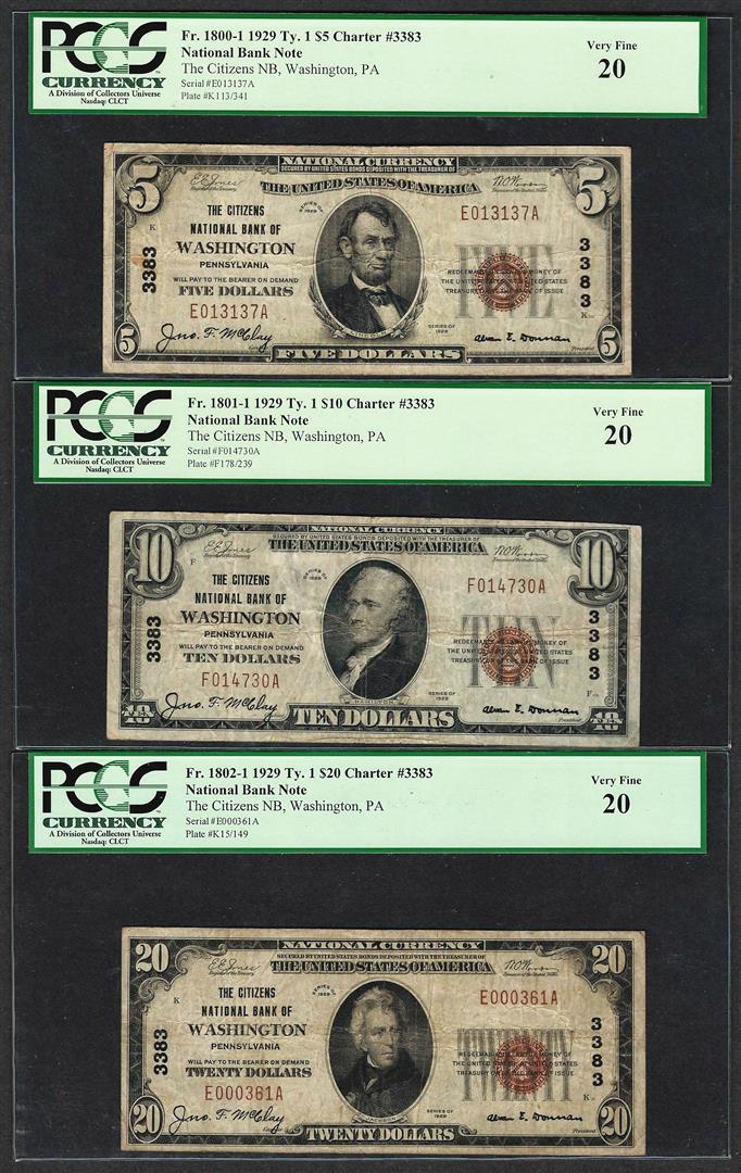 1929 $5/10/20 Citizens NB Washington, PA CH# 3383: One 1929 $5/10/20 Citizens NB Washington, PA CH# 3383 National Currency Notes PCGS VF20. PCGS Graded.