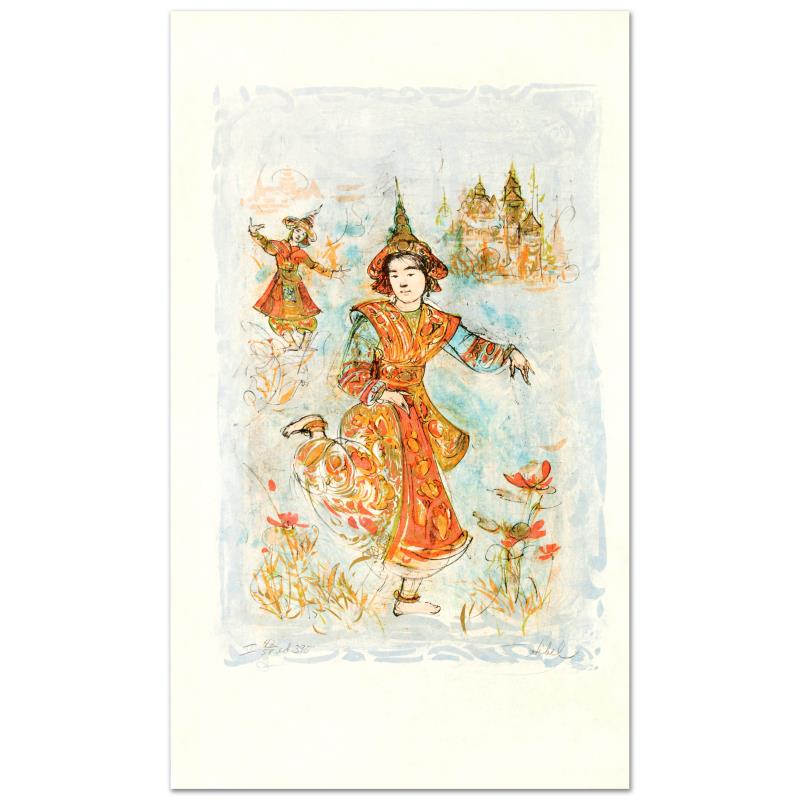 Edna Hibel (1917-2014) "Thai Dancers" Limited Edition: "Thai Dancers" is a limited edition lithograph on rice paper, numbered and hand signed by Edna Hibel (1917-2014). Includes Certificate of Authenticity! Measures approx. 15" x 25" (with border), 12" x 