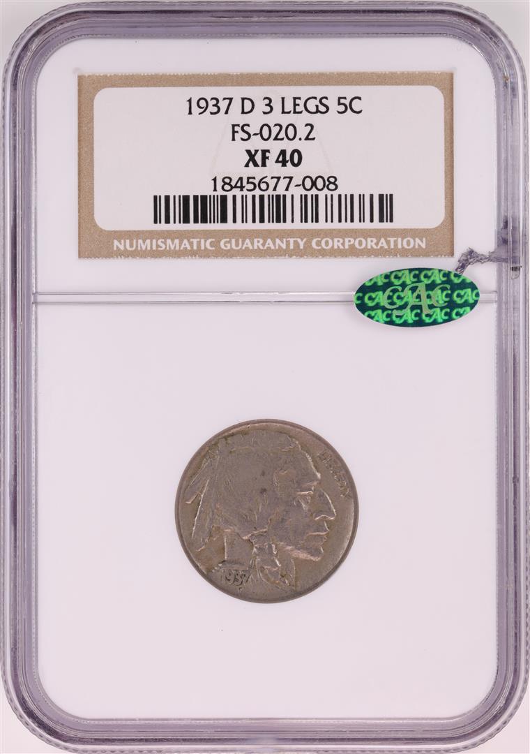 1937-D 3 Legs Buffalo Nickel Coin NGC XF40 CAC FS-020.2: One 1937-D 3 Legs Buffalo Nickel Coin NGC XF40 CAC FS-020.2, please note there is a small crack to the right of the CAC sticker however it doesn't affect the integrity of the slab. NGC Certified.
