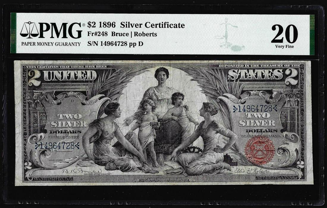 1896 $2 Educational Silver Certificate Note Fr.248 PMG: One 1896 $2 Educational Silver Certificate Note Fr.248 PMG Very Fine 20. PMG Certified.