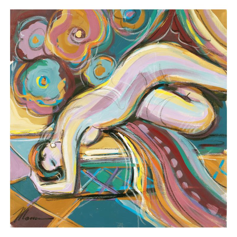 Isaac Maimon "Violet Nude" Original Acrylic Painting: "Violet Nude" is an original acrylic painting on paper by Isaac Maimon, hand signed by the artist. Includes Certificate of Authenticity. Measures approx. 22" x 22" (image).