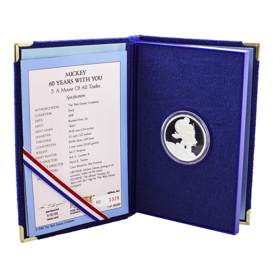 1988 Rarities Mint Disney Mickey Mouse of All Trades: One 1988 Rarities Mint Disney Mickey Mouse of All Trades 1oz Fine Silver Round w/Box & COA.