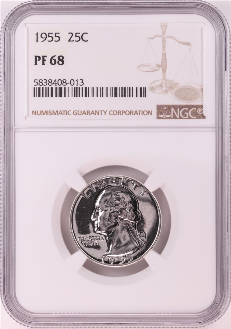 1955 Proof Washington Quarter Coin NGC PF68: One 1955 Proof Washington Quarter Coin NGC PF68. NGC Certified.