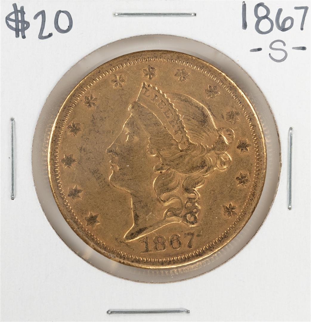 1867-S $20 Liberty Head Double Eagle Gold Coin: One 1867-S $20 Liberty Head Double Eagle Gold Coin.